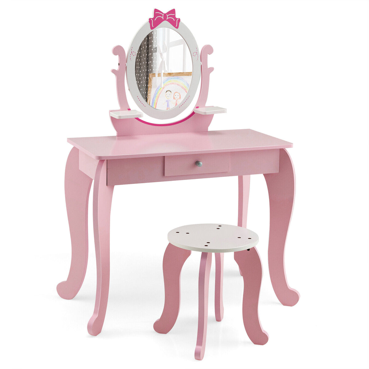 Kids Vanity Table Stool Set with Pink Storage Drawer & Rotatable Mirror - Costway