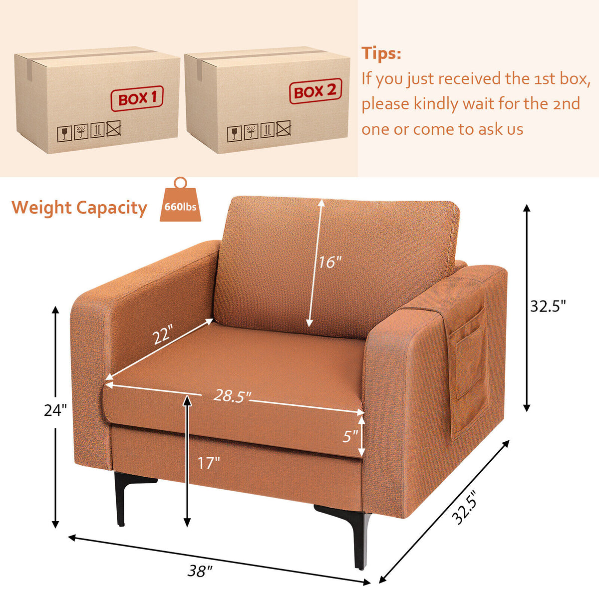 Modern Accent Armchair with Side Storage Pocket - Orange