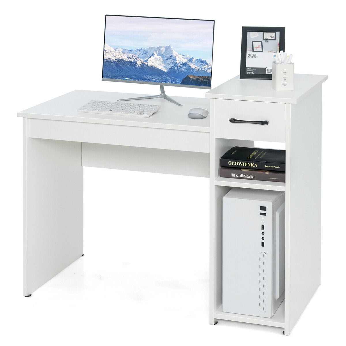 Compact Computer Desk with Drawer and CPU Stand, White