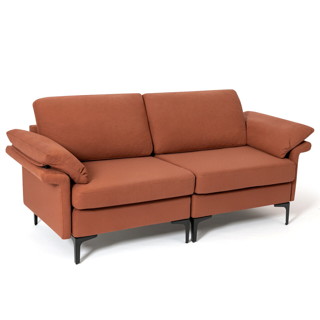 Rust Red Loveseat Sofa with Metal Legs & Armrest Pillows