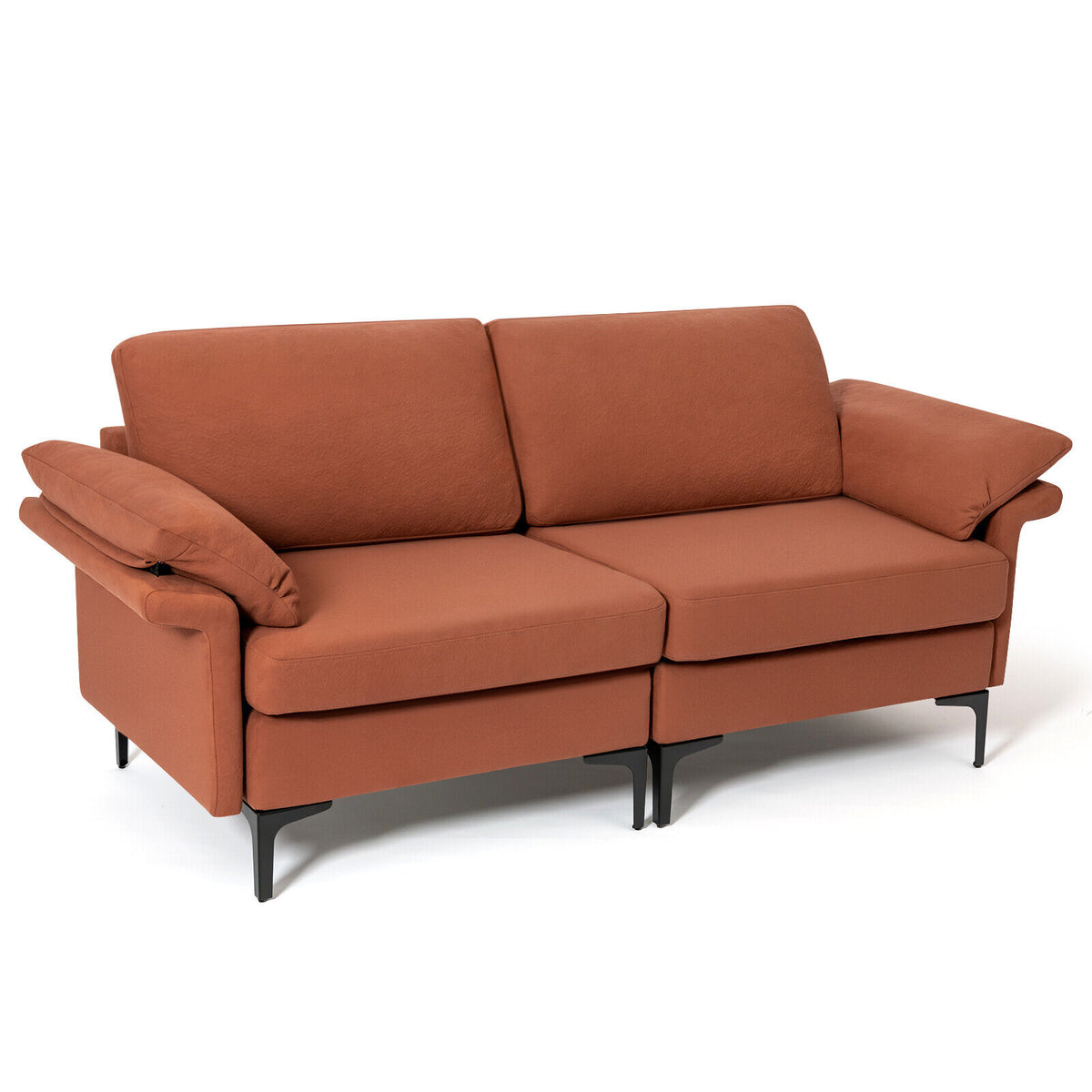 Rust Red Loveseat Sofa with Metal Legs & Armrest Pillows