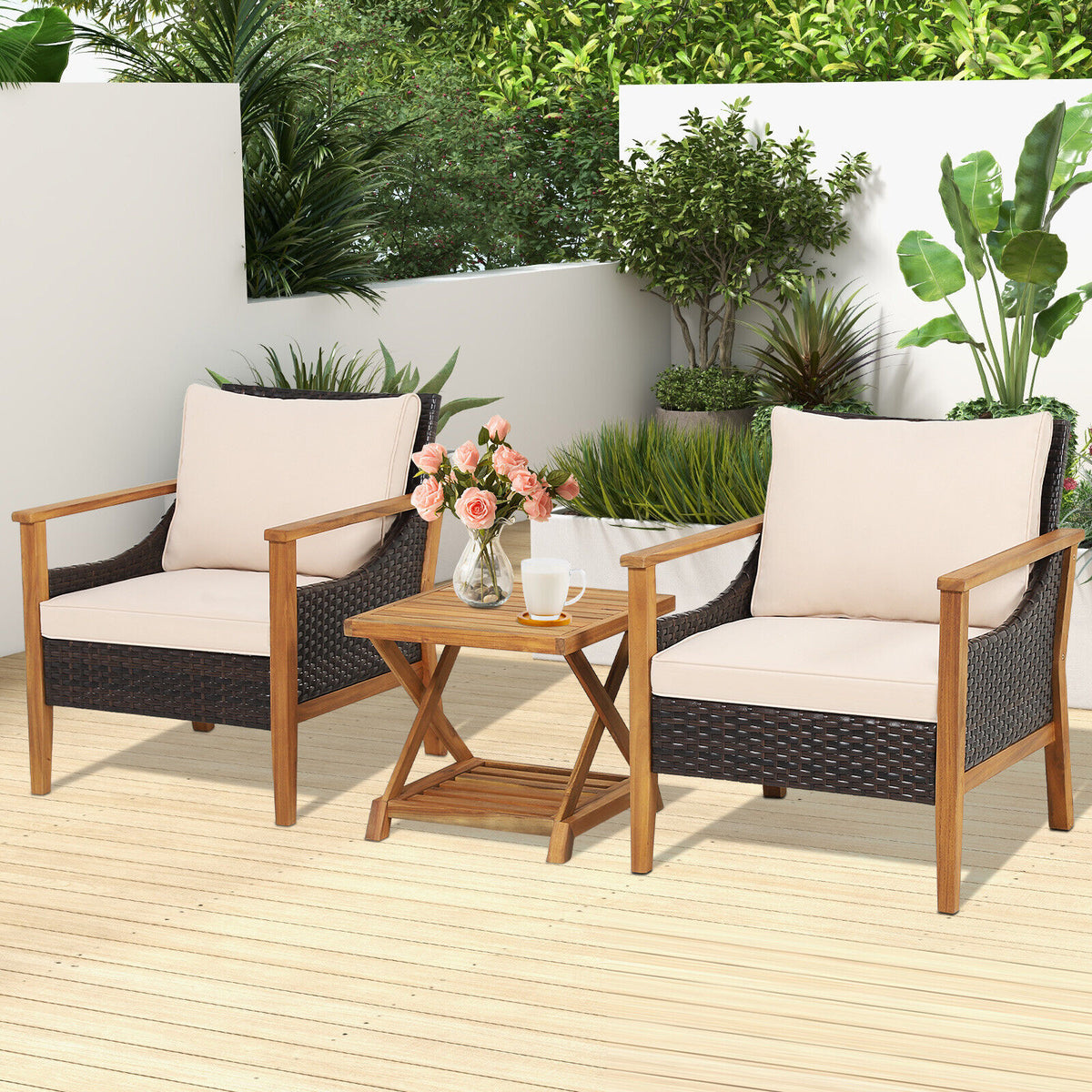 3 Pieces Patio Wicker Furniture Set with 2-Tier Side Table and