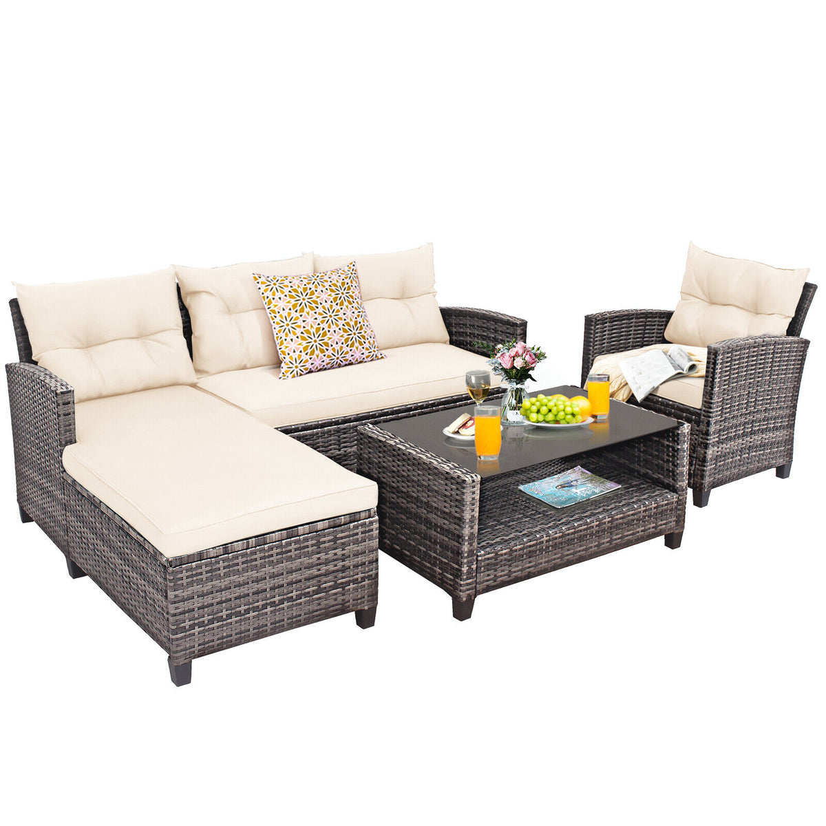 4 Pieces Patio Rattan Sofa Furniture Set with Cushion and 2-Tier