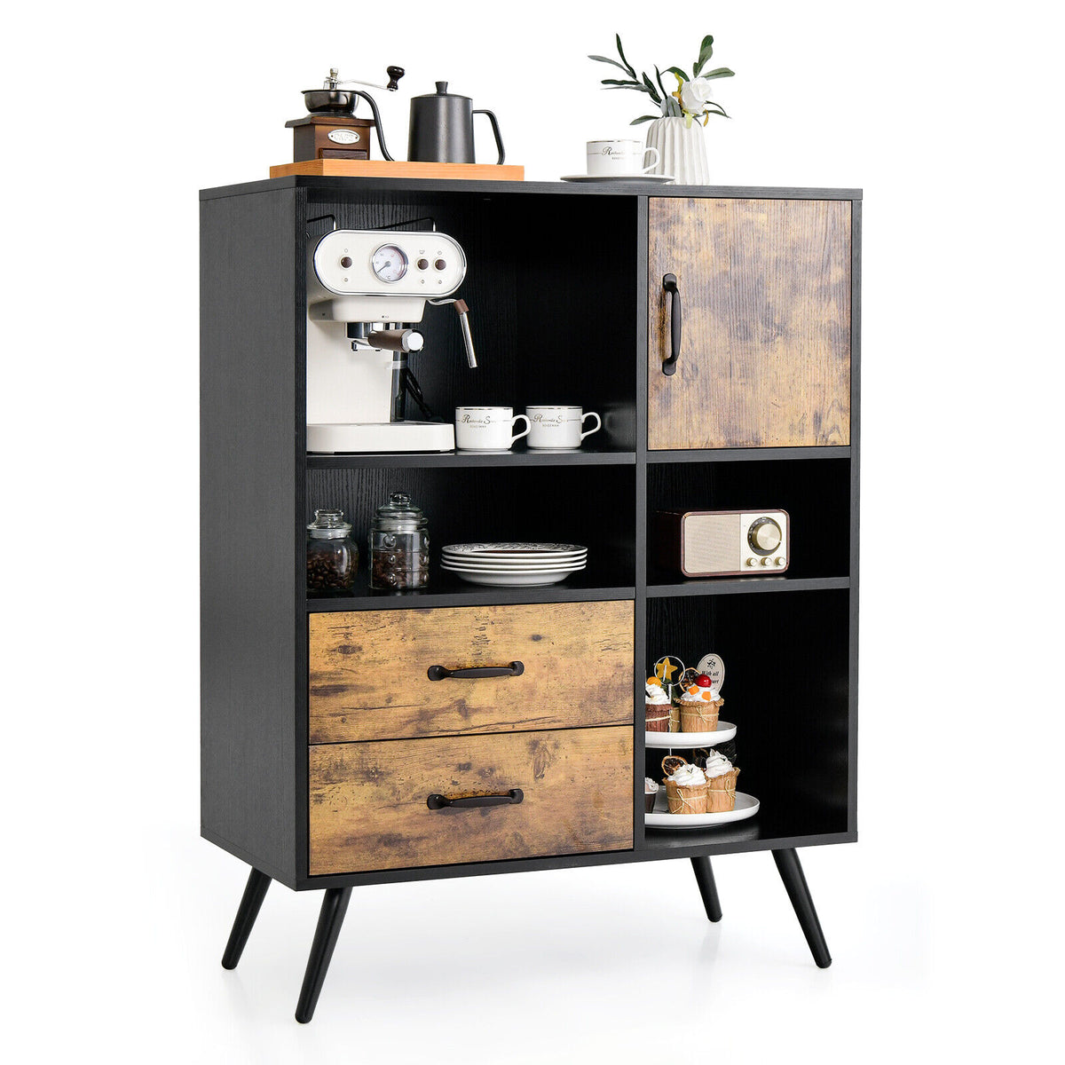 Kitchen Sideboard Buffet Cabinet with Drawers & Cubbies - Rustic Brown