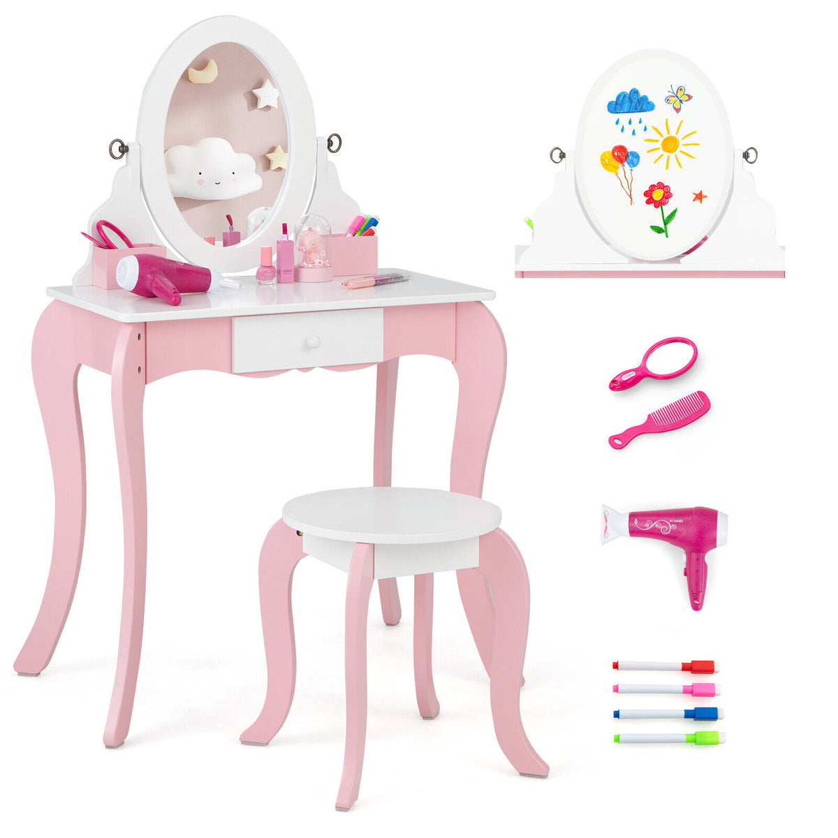 Kids Vanity Set with Rotatable Mirror & Play Accessories - Elliptical Style