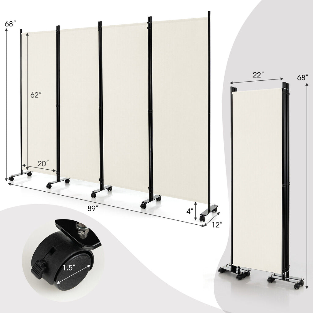 4-Panel Folding Room Divider Privacy Screen with Lockable Wheels – White, 4 Panels & Wheels