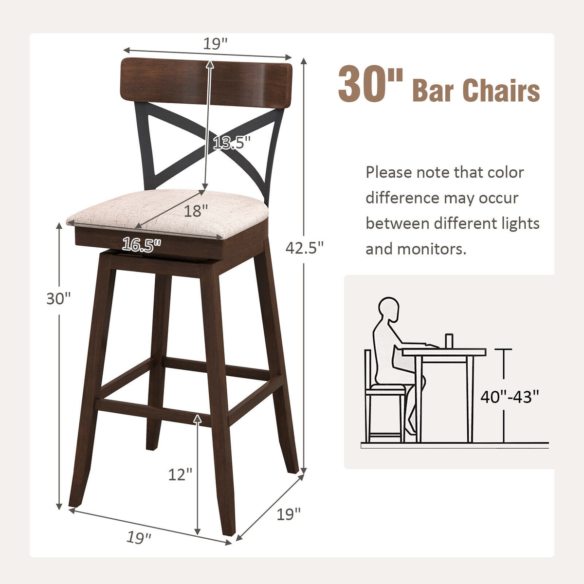 Wooden Swivel Bar Stools Set of 2 - 30 Inches