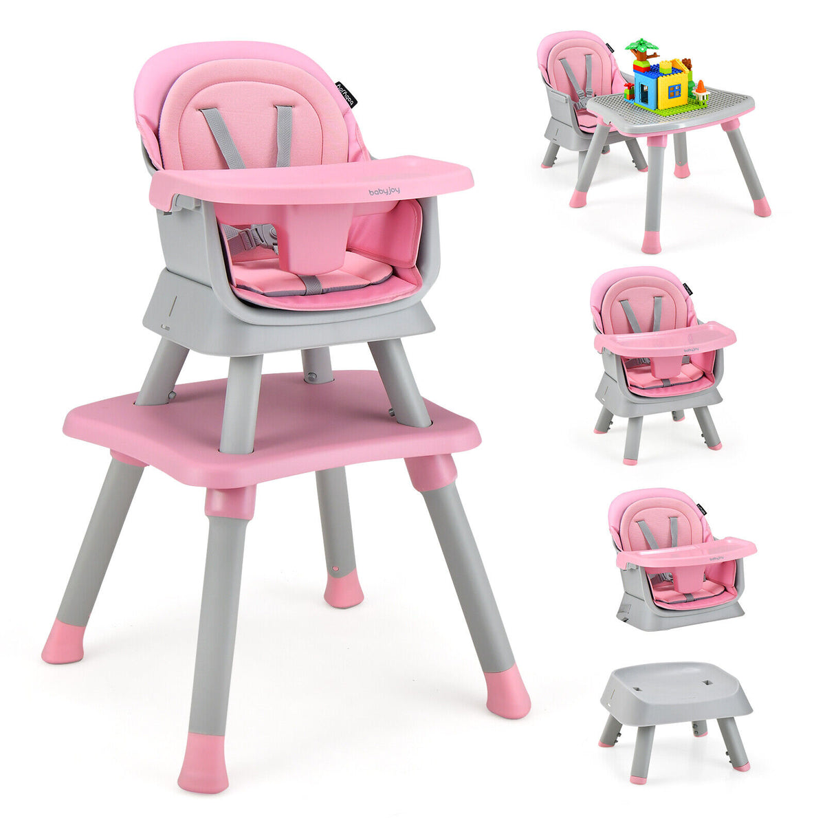 Pink 8-in-1 Convertible Baby High Chair with Removable Tray & Cushion - Costway