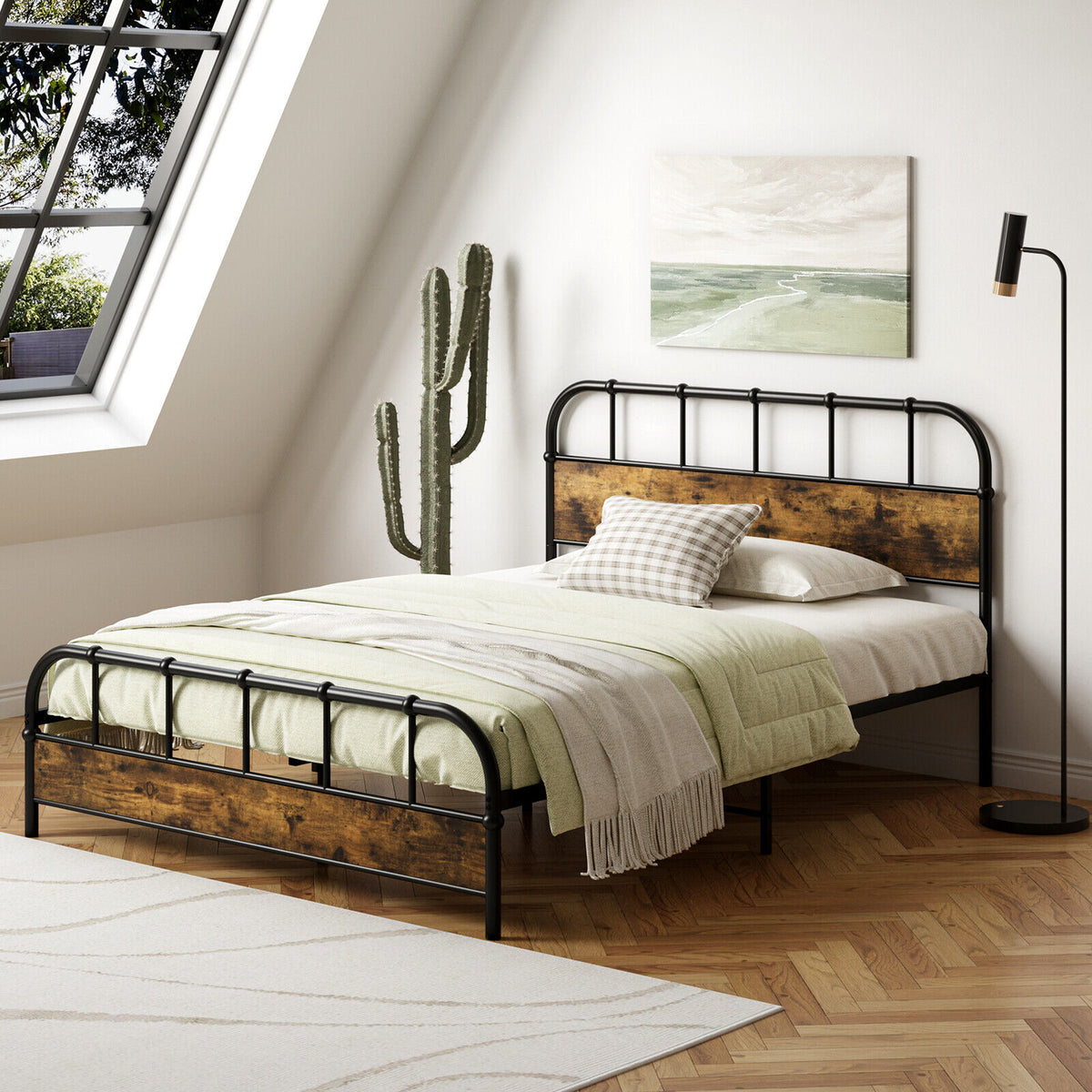 Queen Size Industrial Metal Platform Bed Frame with Headboard - Coffee