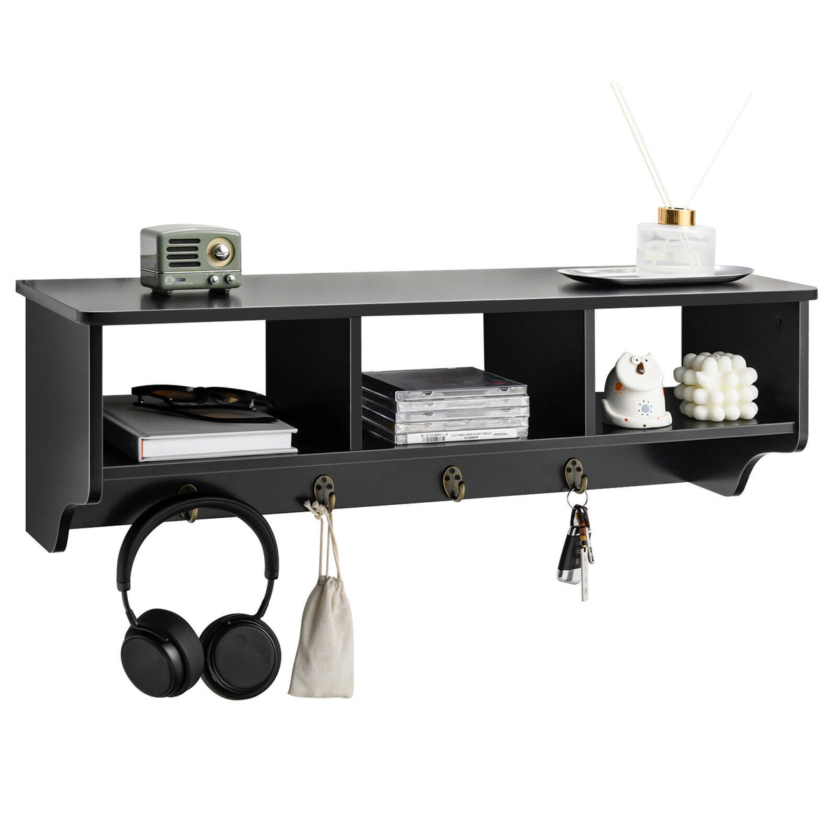 Wall Mount Hooks Shelf for Entryway Storage - Black