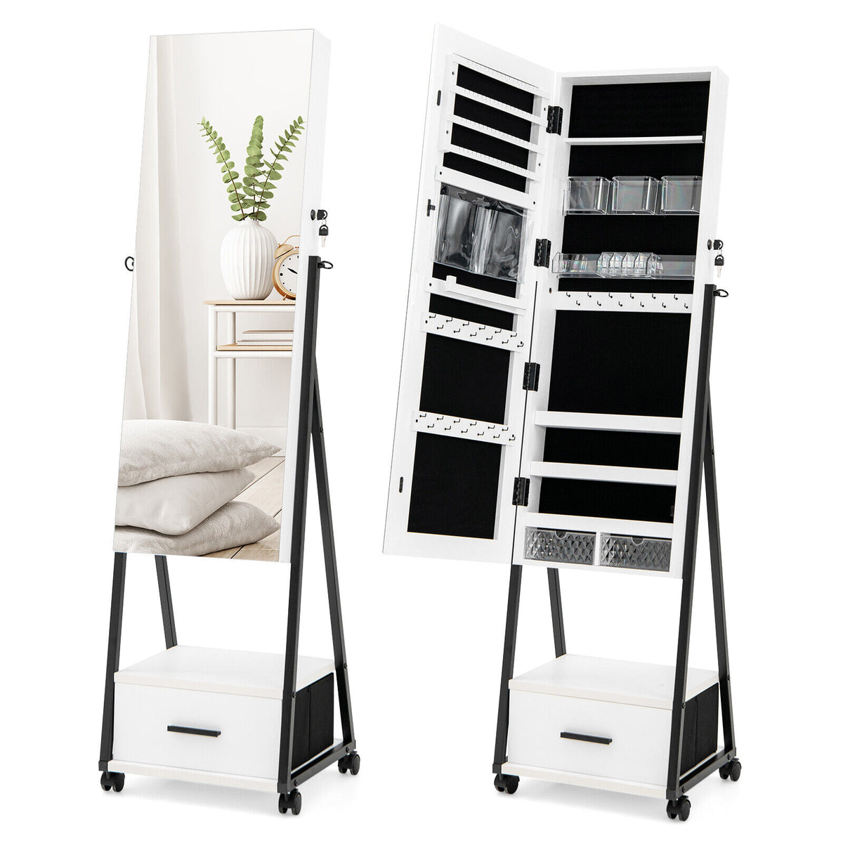 Jewelry Cabinet with Full-Length Mirror - White