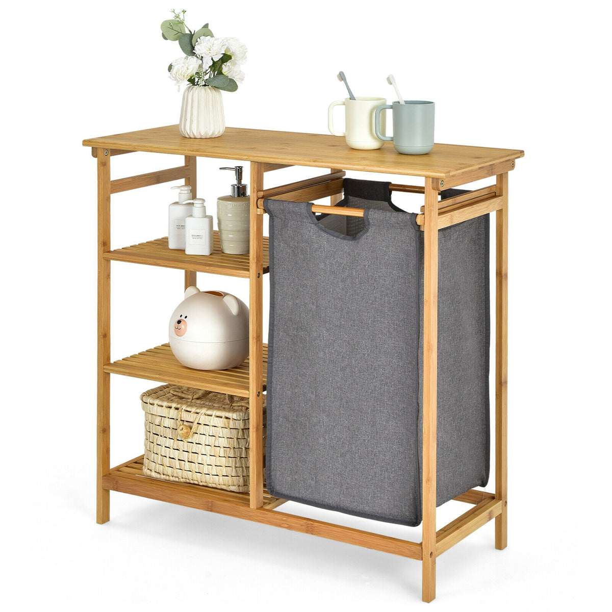Bamboo Laundry Hamper Stand with Removable Sliding Bag and 3-Tier