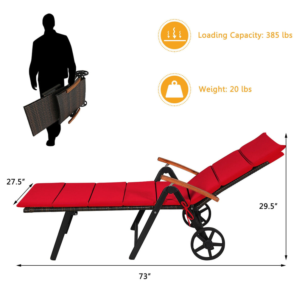 Folding Patio Rattan Lounge Chair with Wheels - Red
