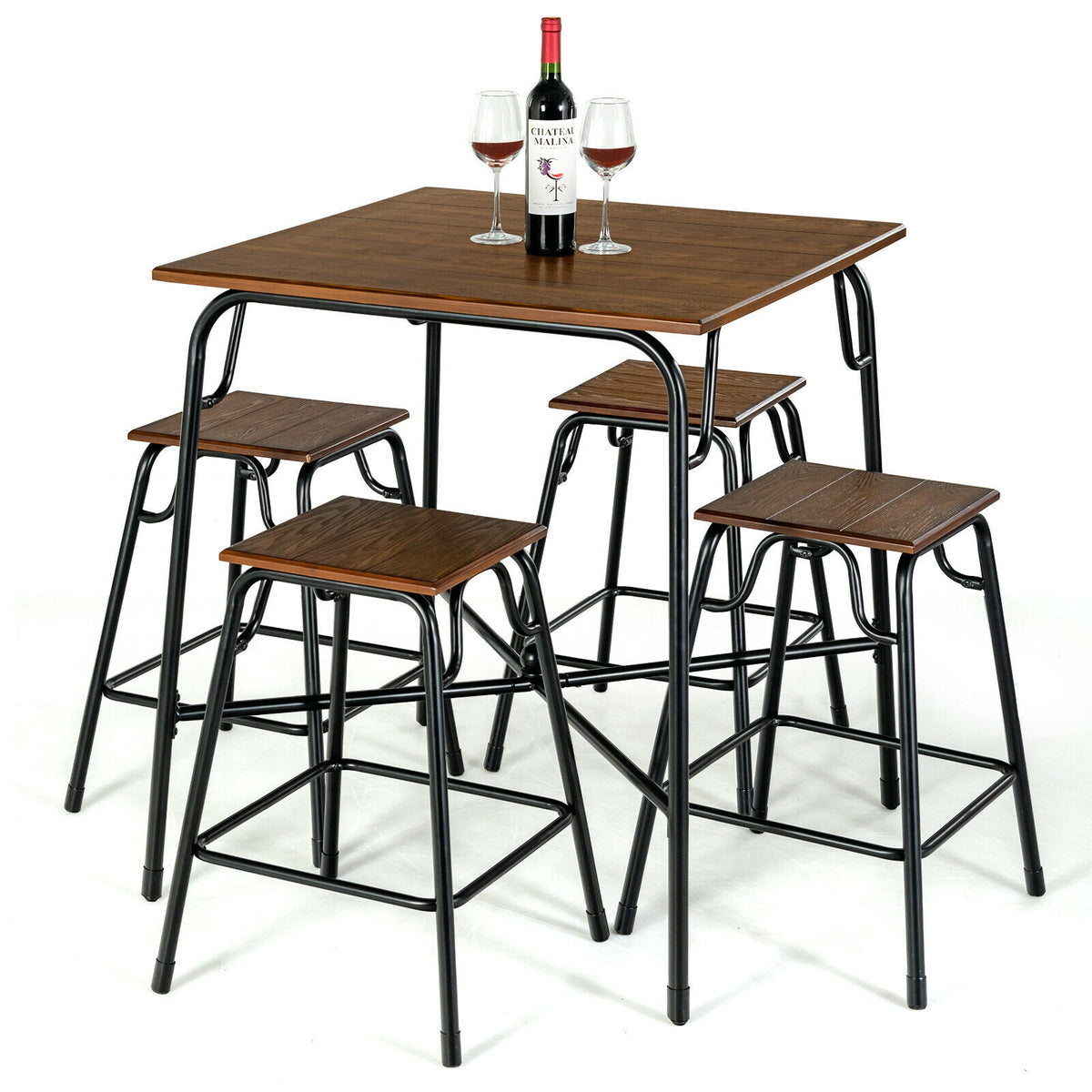 5-Piece Bar Table Set with 4 Counter Height Stools - Rustic Brown
