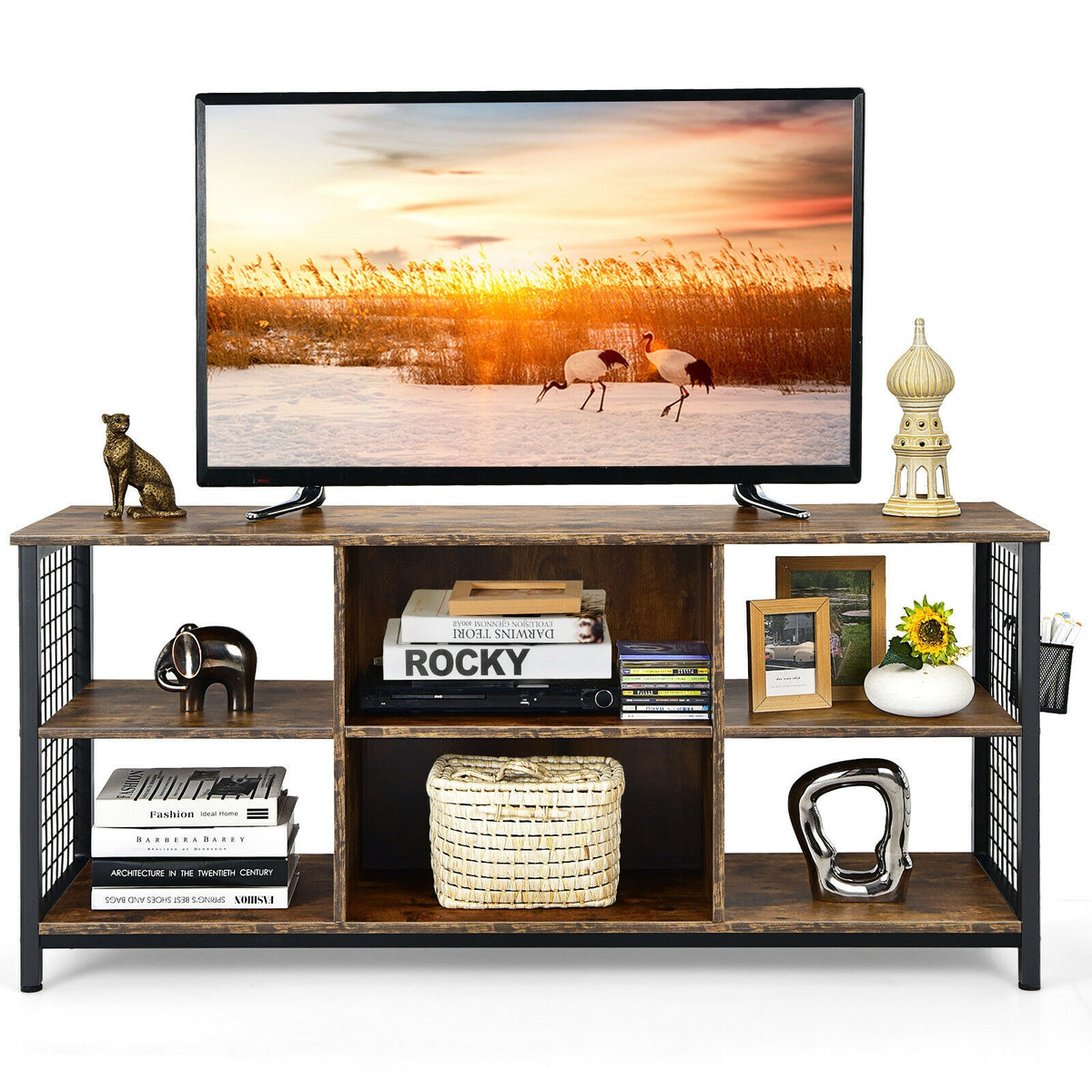 Mid-Century TV Stand 65 inch with Storage Basket, Rustic Brown