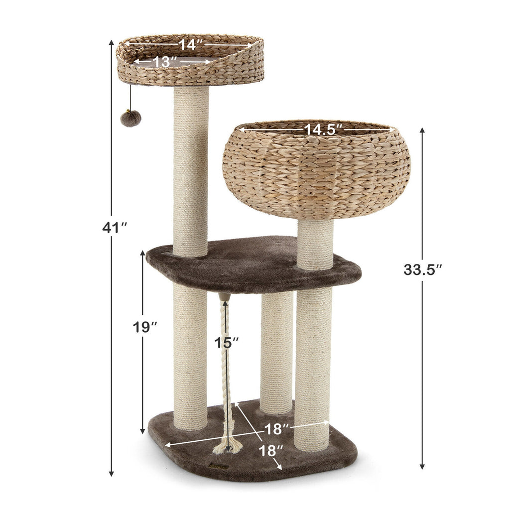 41 Inch Rattan Cat Tree with Napping Perch - Brown