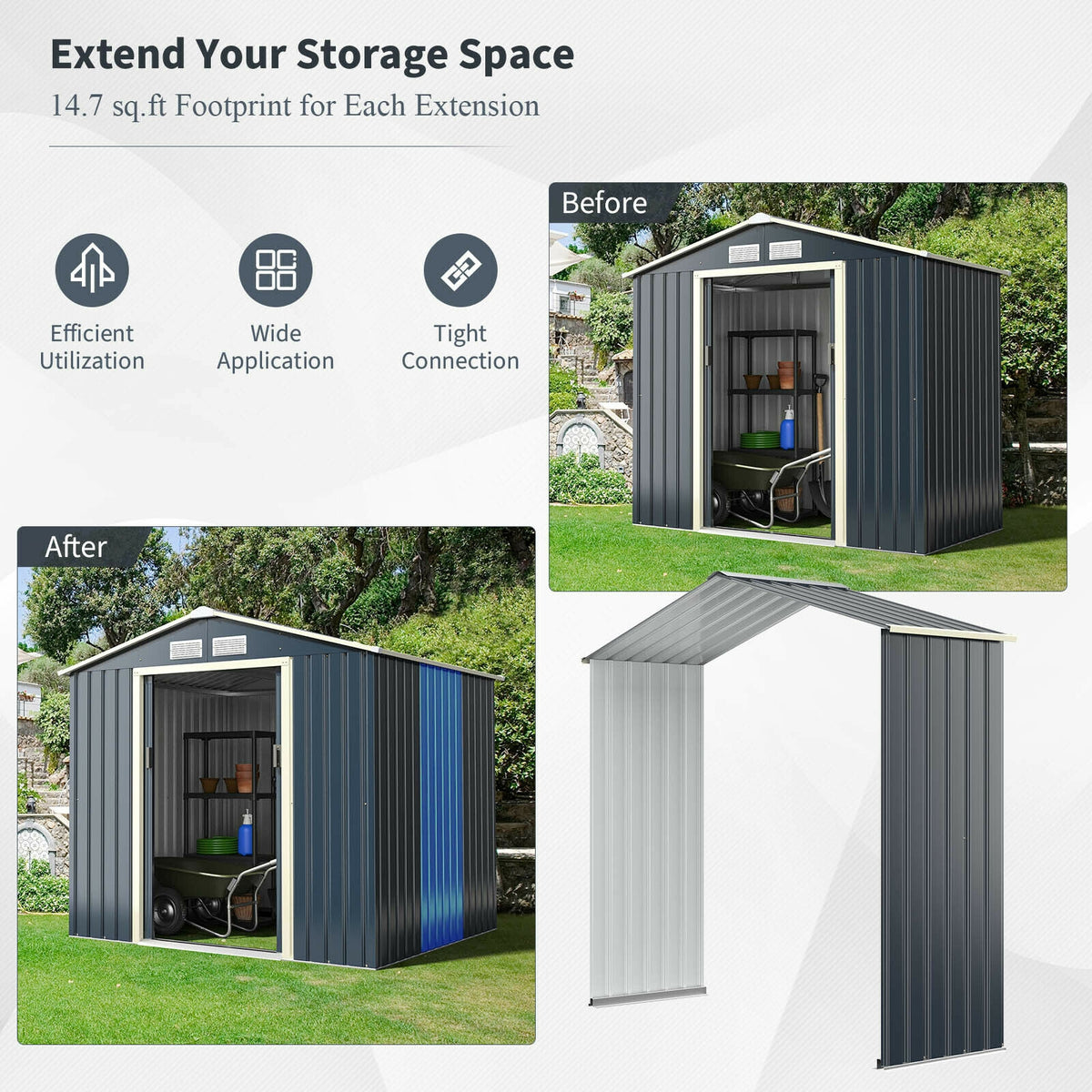 Outdoor Storage Shed Extension Kit for 7/9.1/11.2 Feet Width