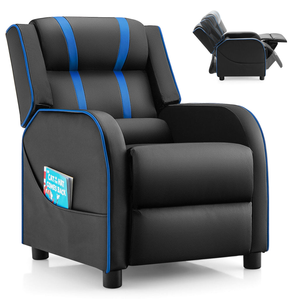 Kids Recliner Chair with Side Pockets & Footrest - Style G, Blue