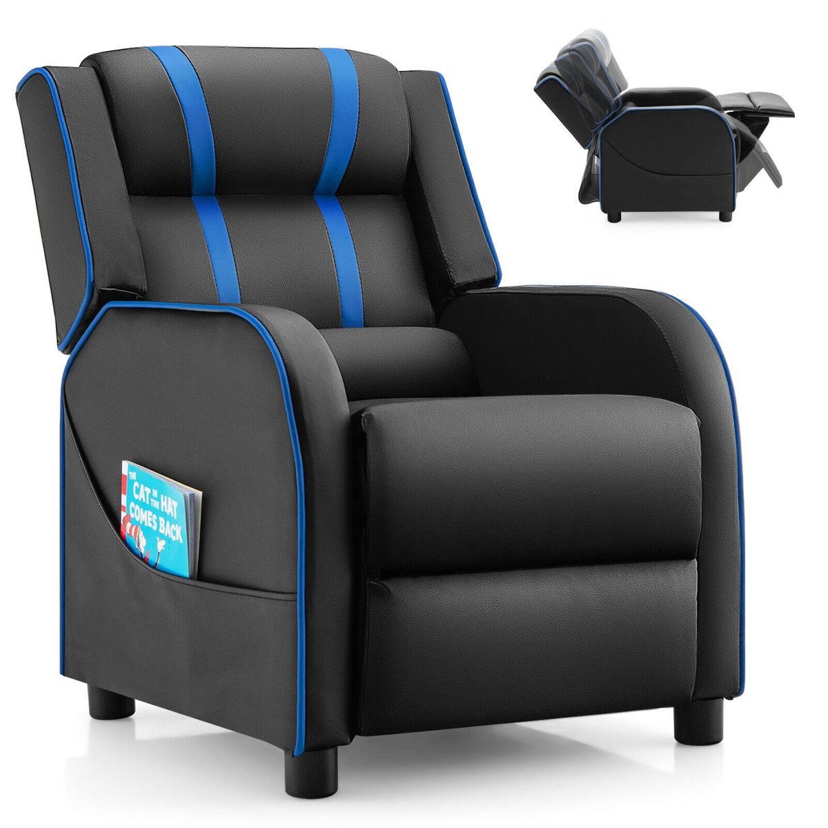 Kids Recliner Chair with Side Pockets & Footrest - Style G, Blue