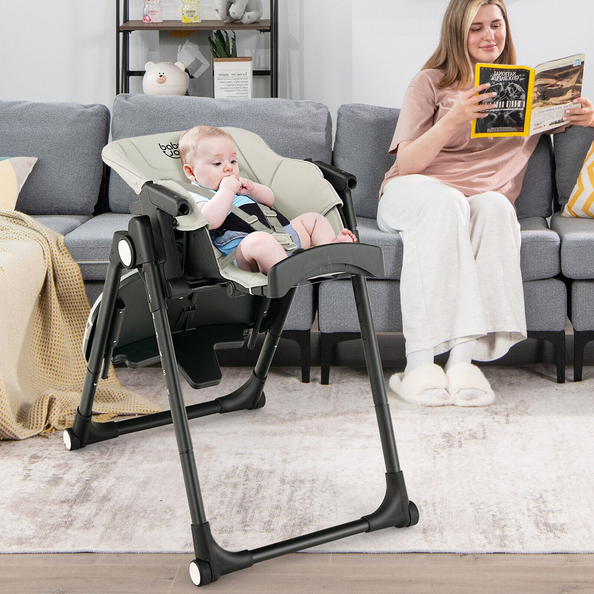 Folding Baby High Chair with 6 Adjustable Heights - Gray, 4-in-1