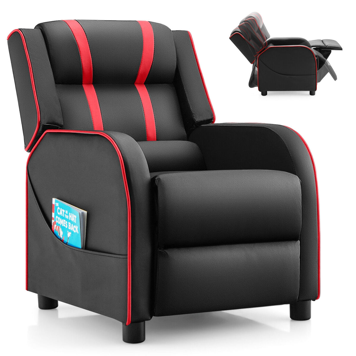 Kids Recliner Chair with Side Pockets & Footrest - Style G, Red