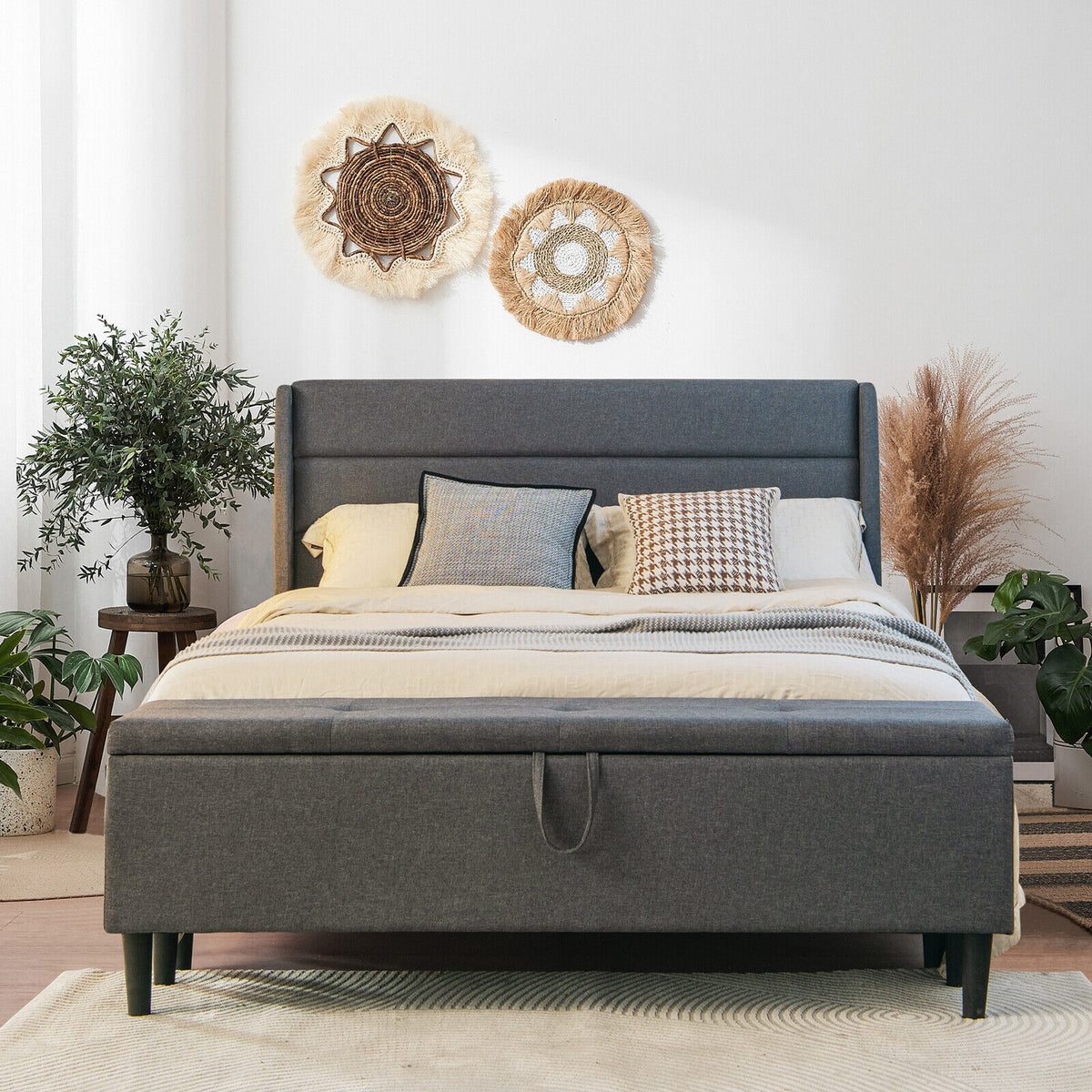 Full Size Upholstered Bed Frame with Headboard and Storage Ottoman