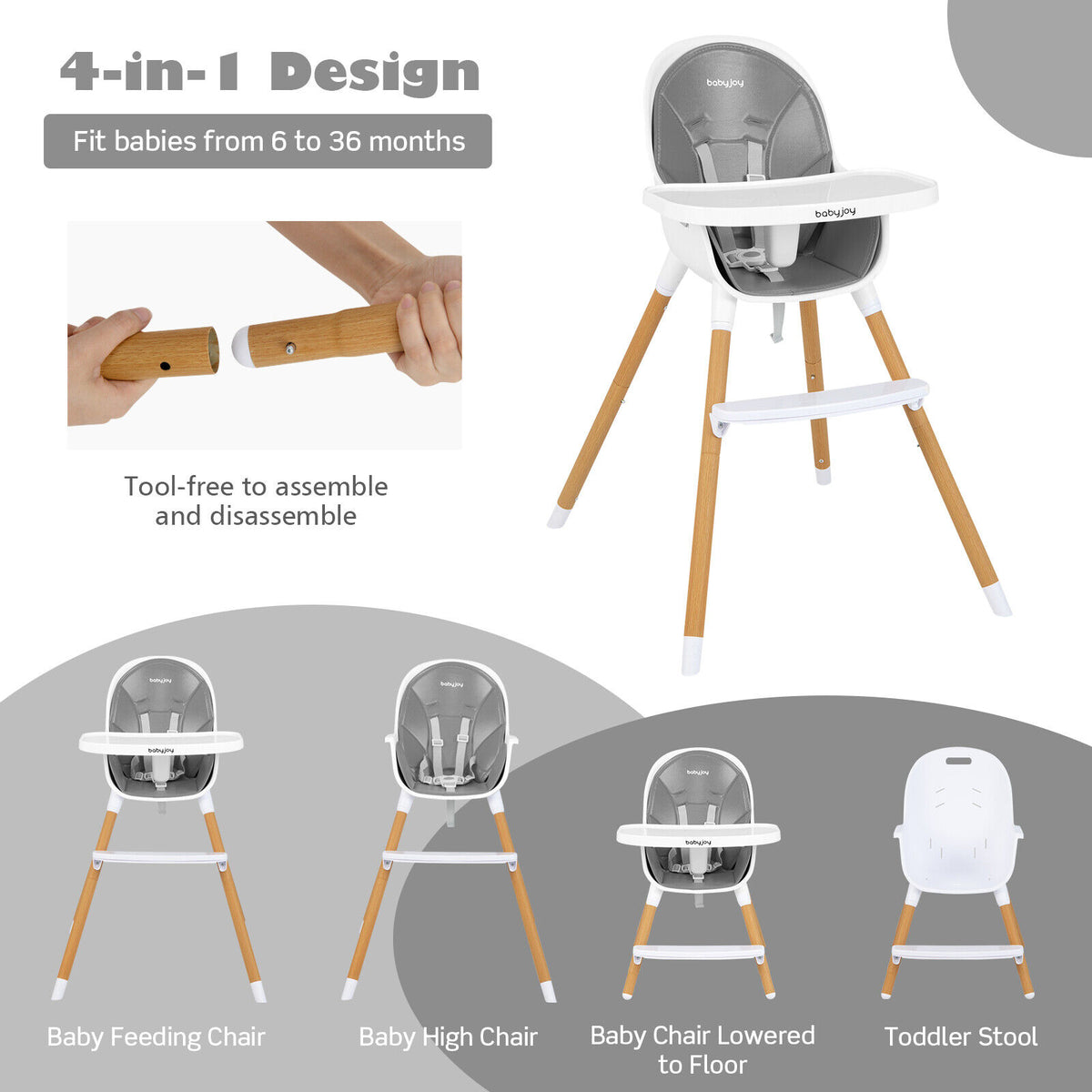 4-in-1 Convertible Baby High Chair Infant Feeding Chair Gray - Adjustable & Safe