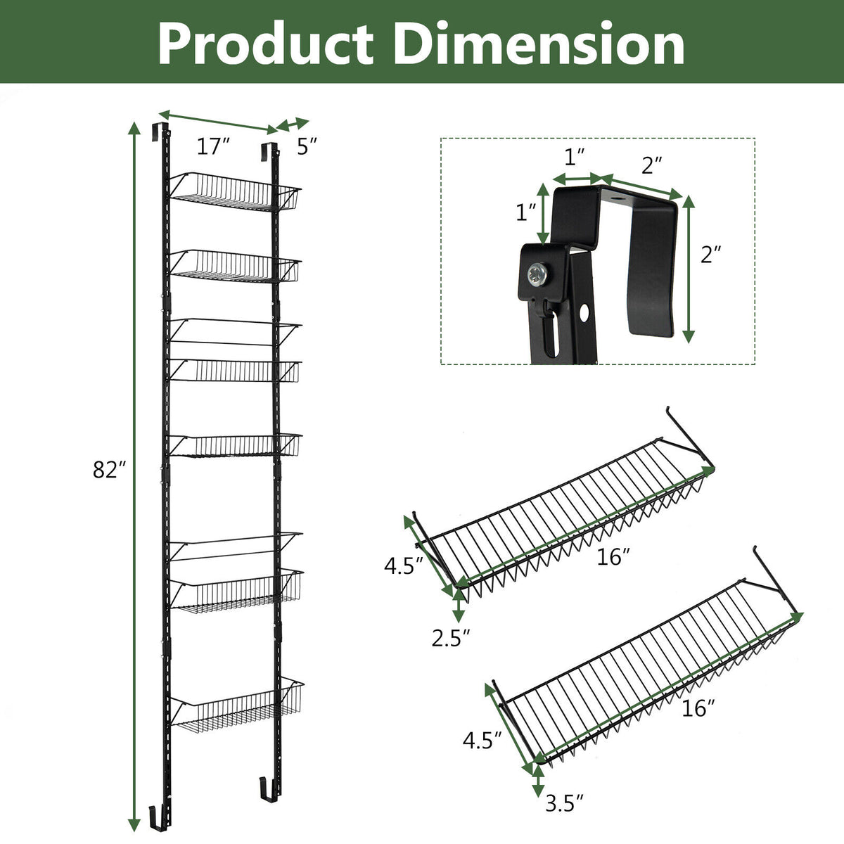 Over the Door Pantry Organizer Rack with Adjustable Hooks and 6 Baskets - Kitchen & Storage