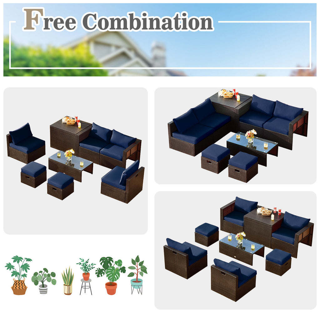 8-Piece Patio Rattan Furniture Set with Storage Box & Waterproof Cover - Brown, Navy