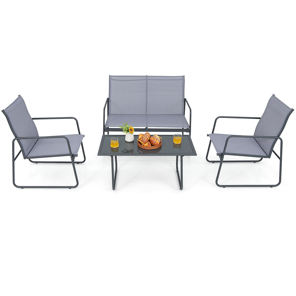 4 Pieces of Metal Patio Furniture Chat Set with Tempered Glass Coffee