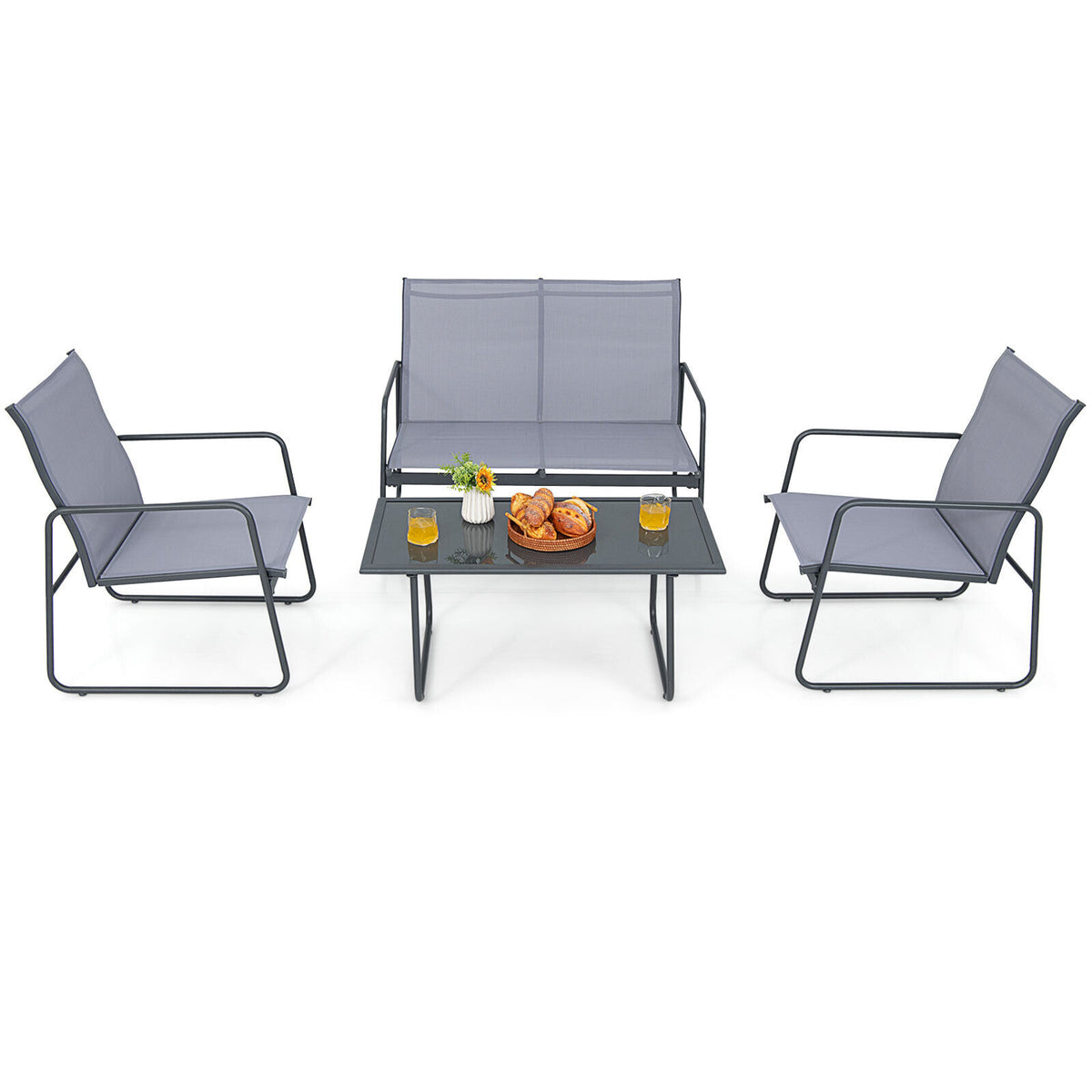 4 Pieces of Metal Patio Furniture Chat Set with Tempered Glass Coffee