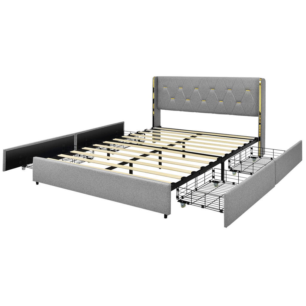 Full Size Upholstered Bed Frame with High Headboard & Storage Drawers - Silver