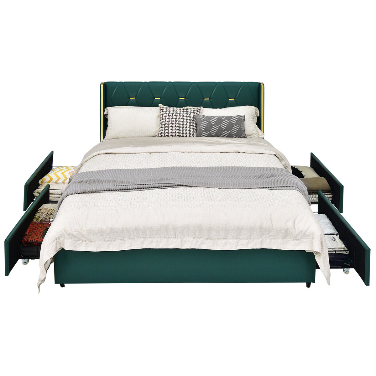 PU Leather Platform Bed Frame with 4 Drawers - Full, Green