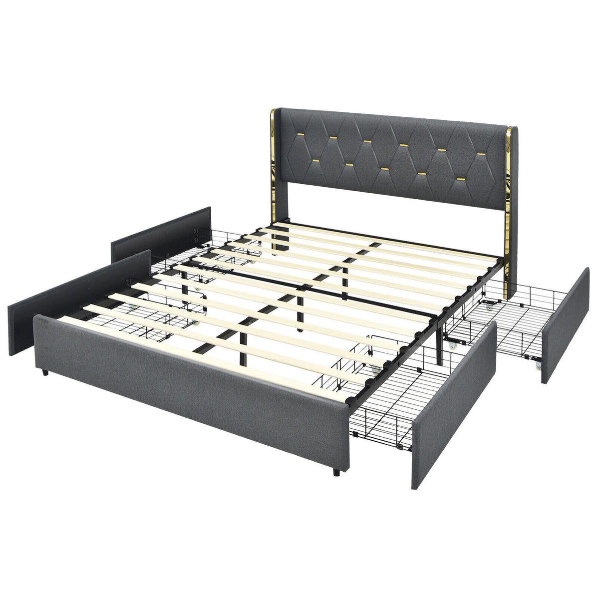 Full Size Upholstered Platform Bed with 4 Storage Drawers - Dark Gray