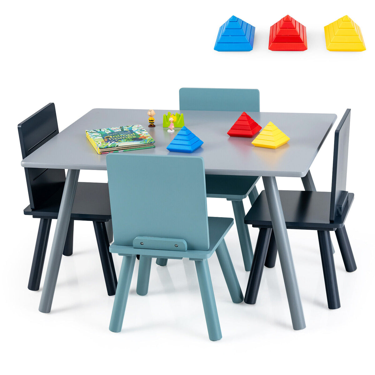 Kids Wooden Activity Play Furniture Set with Building Blocks - Blue, 5 Pieces