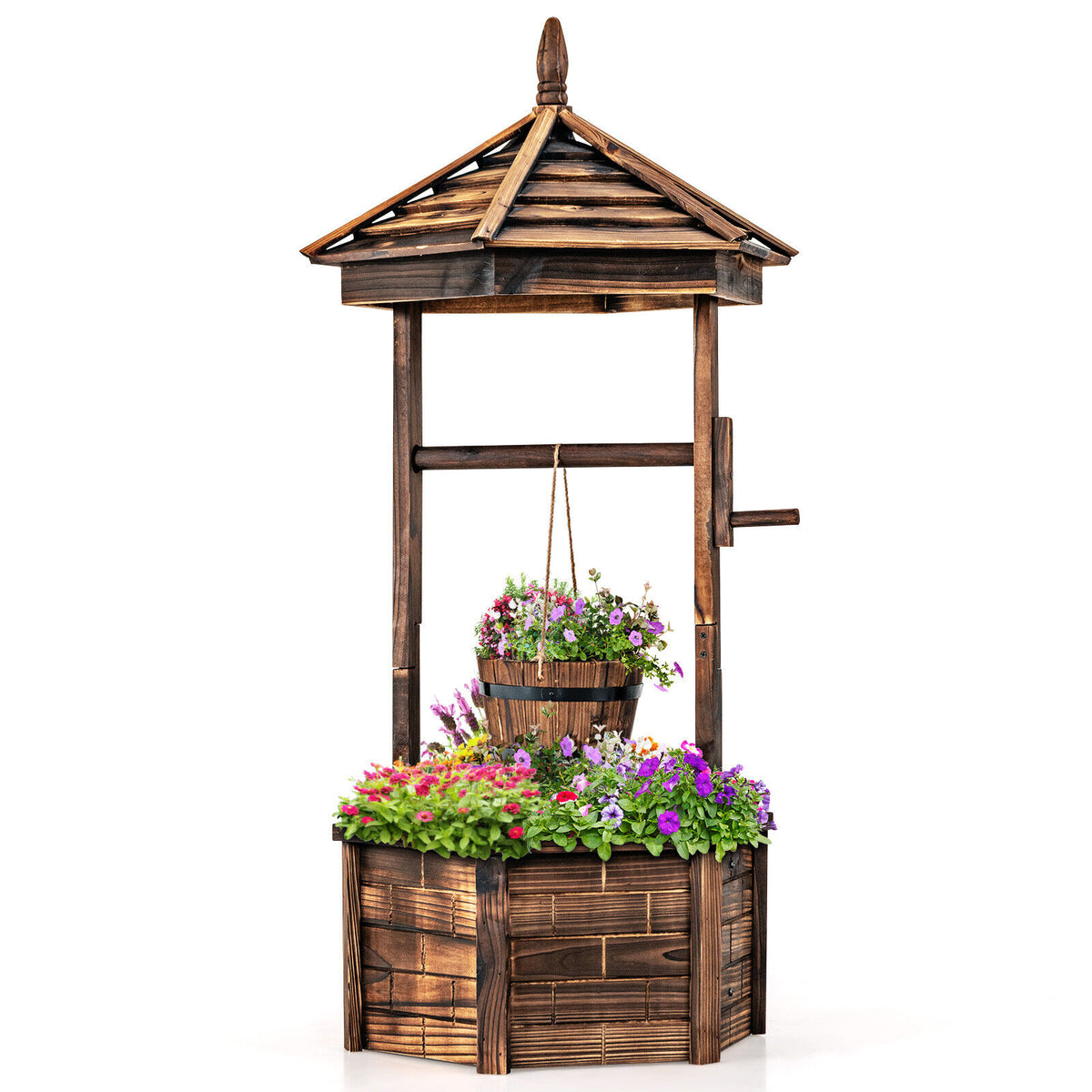 Rustic Wooden Wishing Well with Adjustable Bucket - Brown