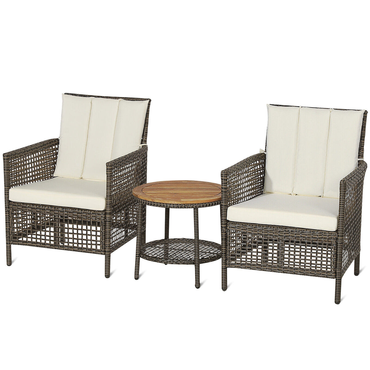 3 Pieces Patio Rattan Furniture Set with Cushioned Sofas and Wood