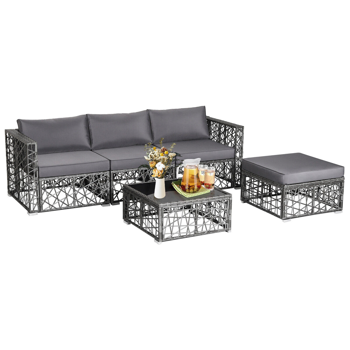 5-Piece PE Rattan Patio Sectional Sofa Set - Gray