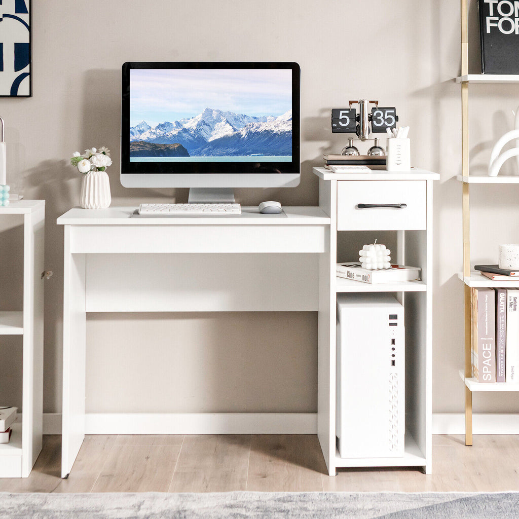 Compact Computer Desk with Drawer and CPU Stand, White