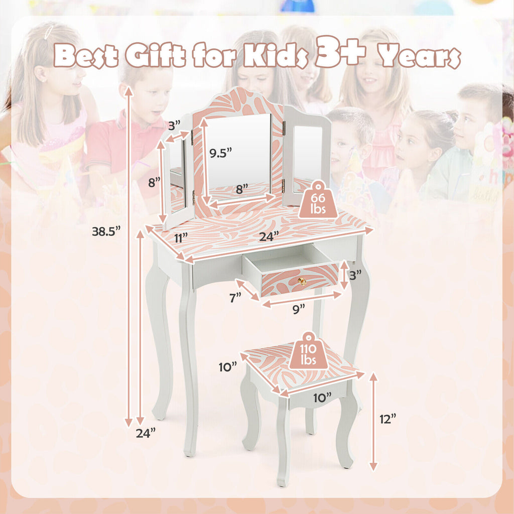 Kids Vanity Table Set with Tri-Fold Mirror - Pink, 2-in-1 Dressing & Writing Desk