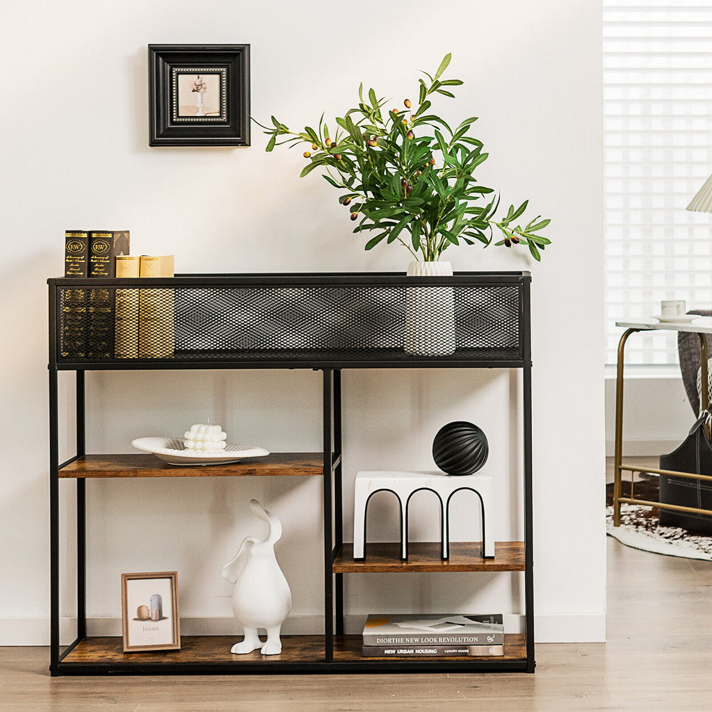 4-Tier Industrial Console Table with Wire Basket - Rustic Brown