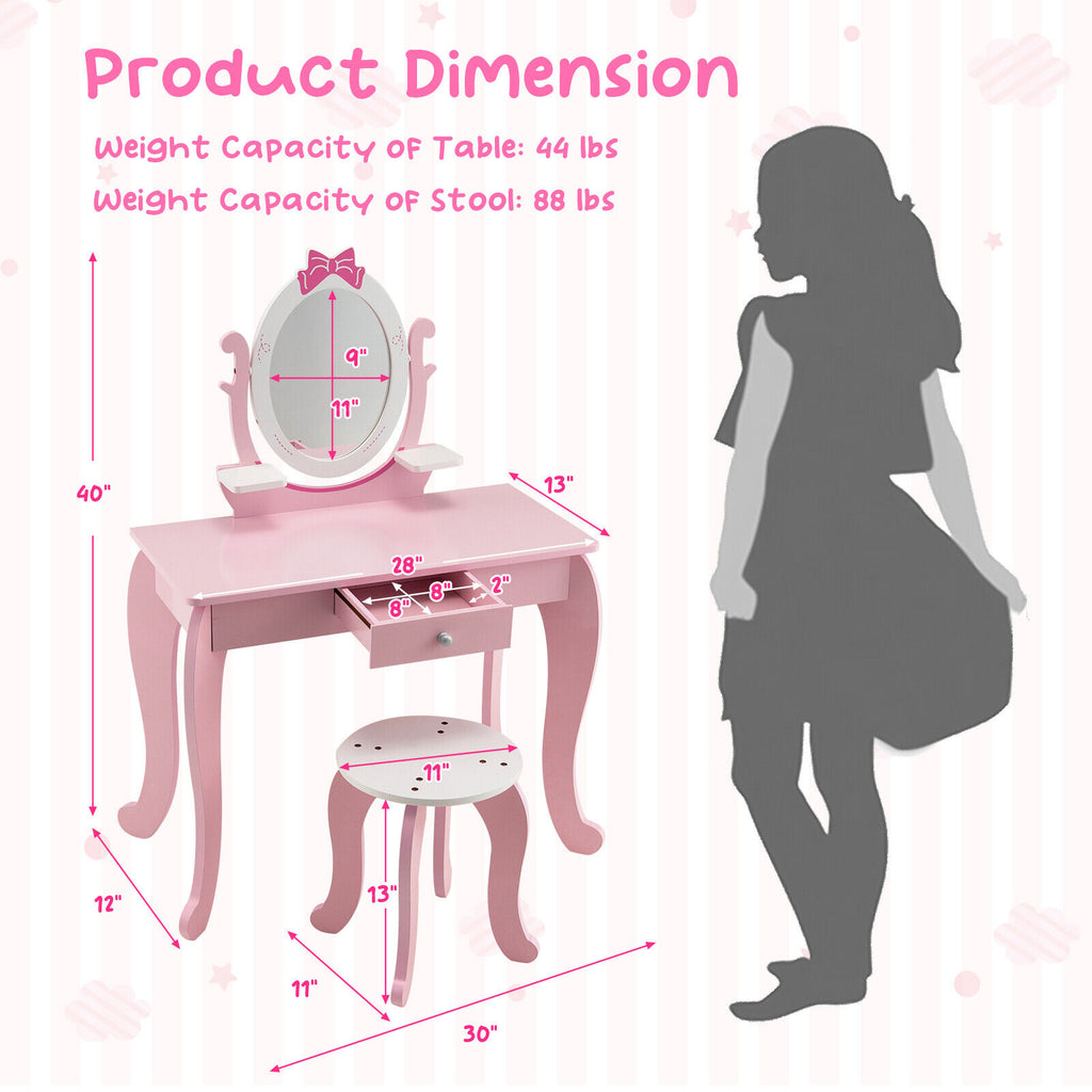 Kids Vanity Table Stool Set with Pink Storage Drawer & Rotatable Mirror - Costway