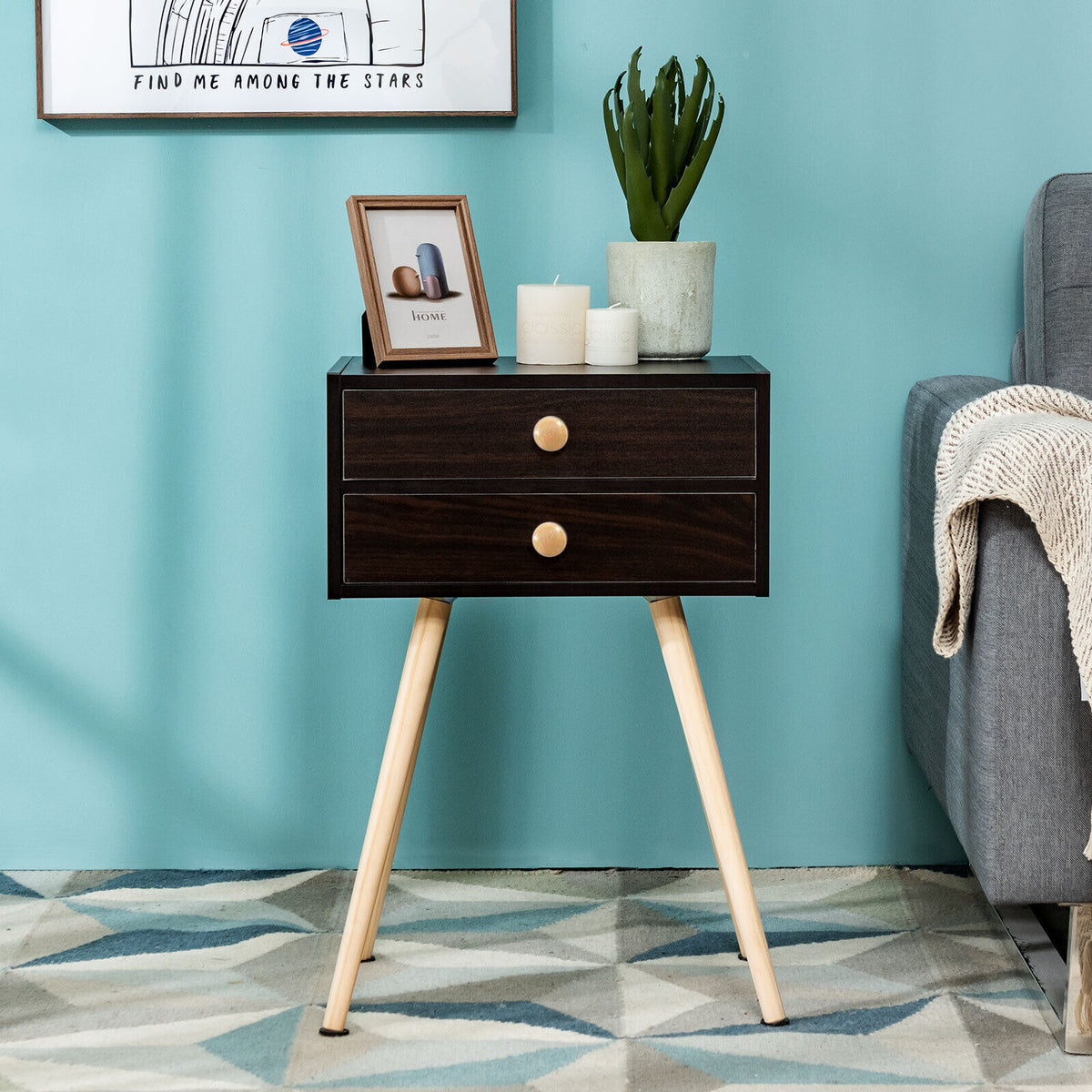 Midcentury Modern Nightstand with 2 Drawers - Brown