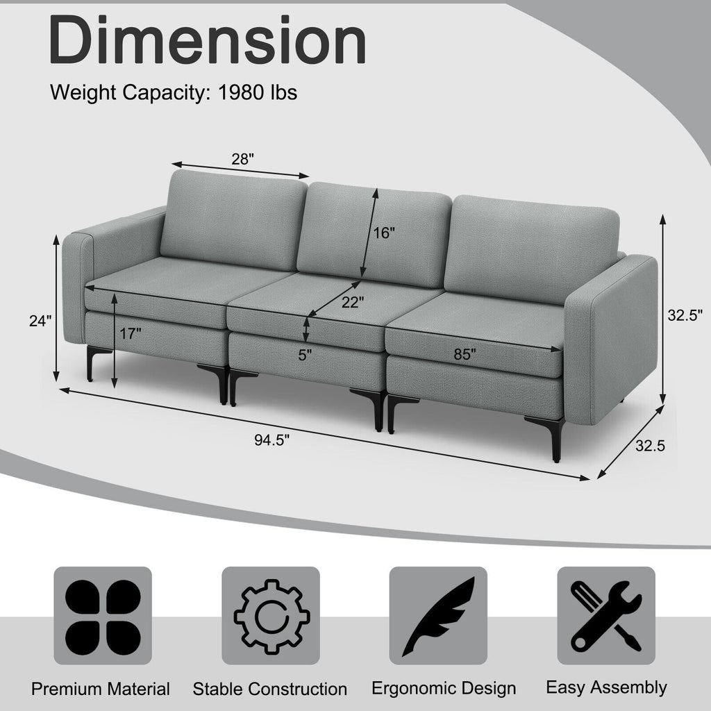 3-Seat Convertible Sofa with USB Ports & Magazine Pockets - Dark Gray