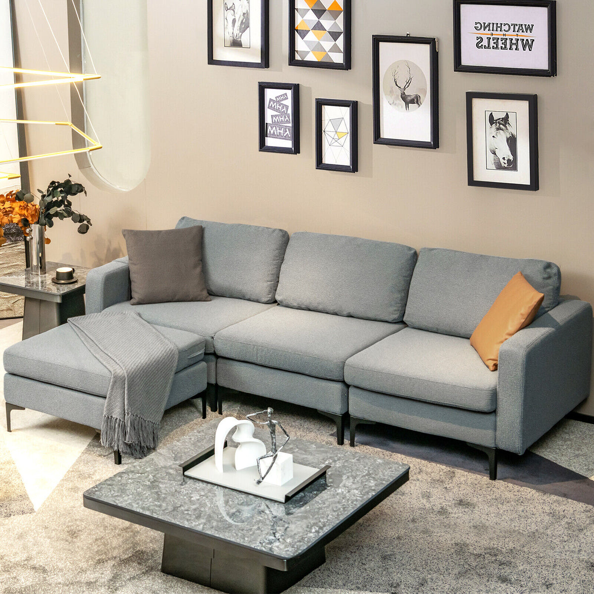 3-Seat L-Shaped Sectional Sofa with Reversible Chaise and USB Ports - Dark Gray