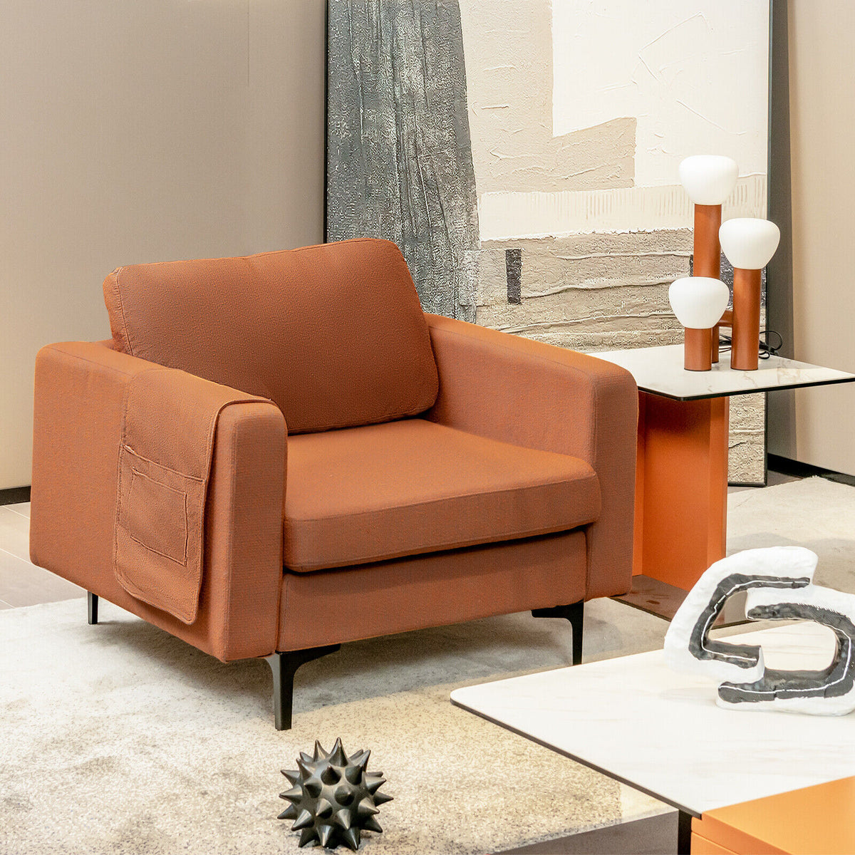 Modern Accent Armchair with Side Storage Pocket - Orange