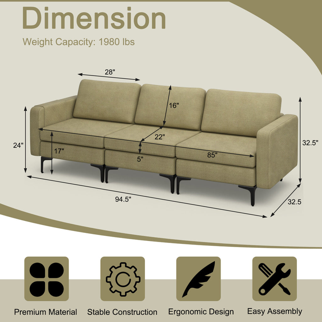 3-Seat Sectional Sofa with Armrest Organizer - Green