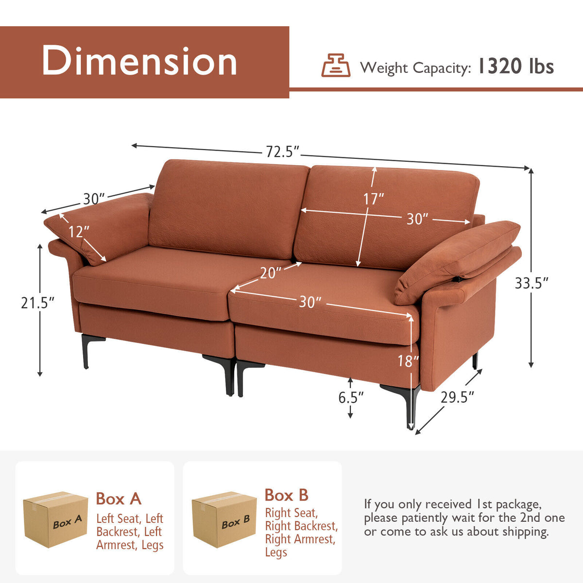 Rust Red Loveseat Sofa with Metal Legs & Armrest Pillows