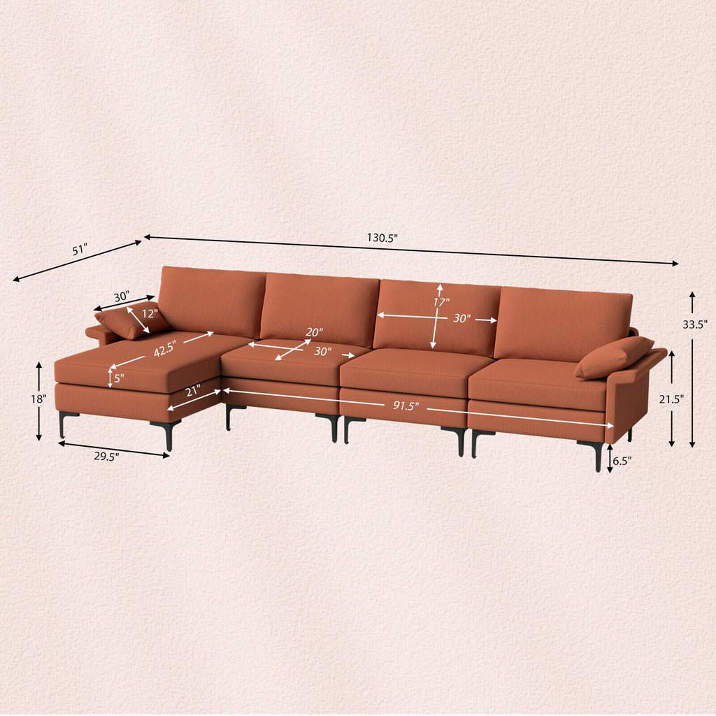 4-Seat L-Shaped Sectional Sofa with Reversible Chaise, Rust Red