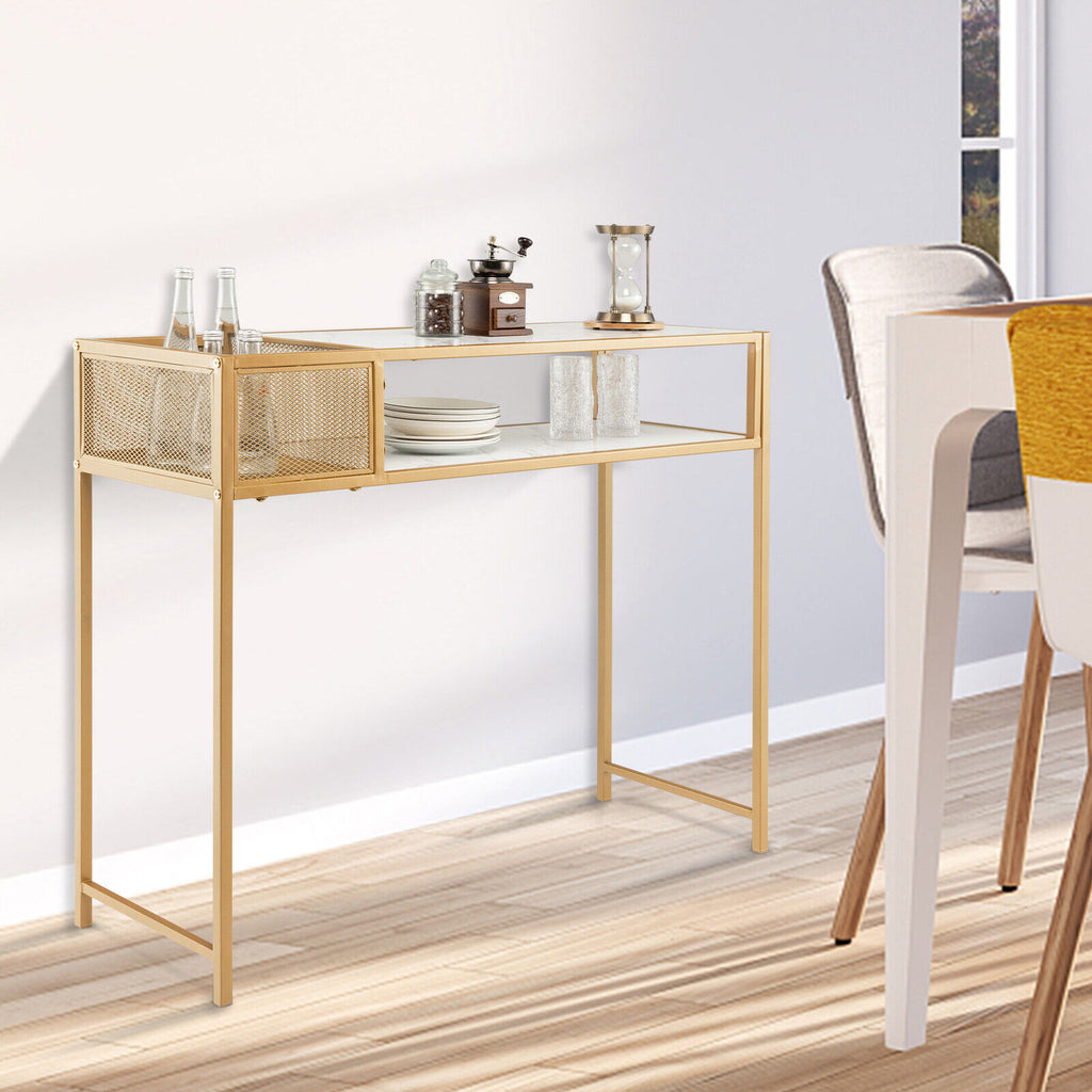 Faux Marble Console Table with Wire Basket for Entryway